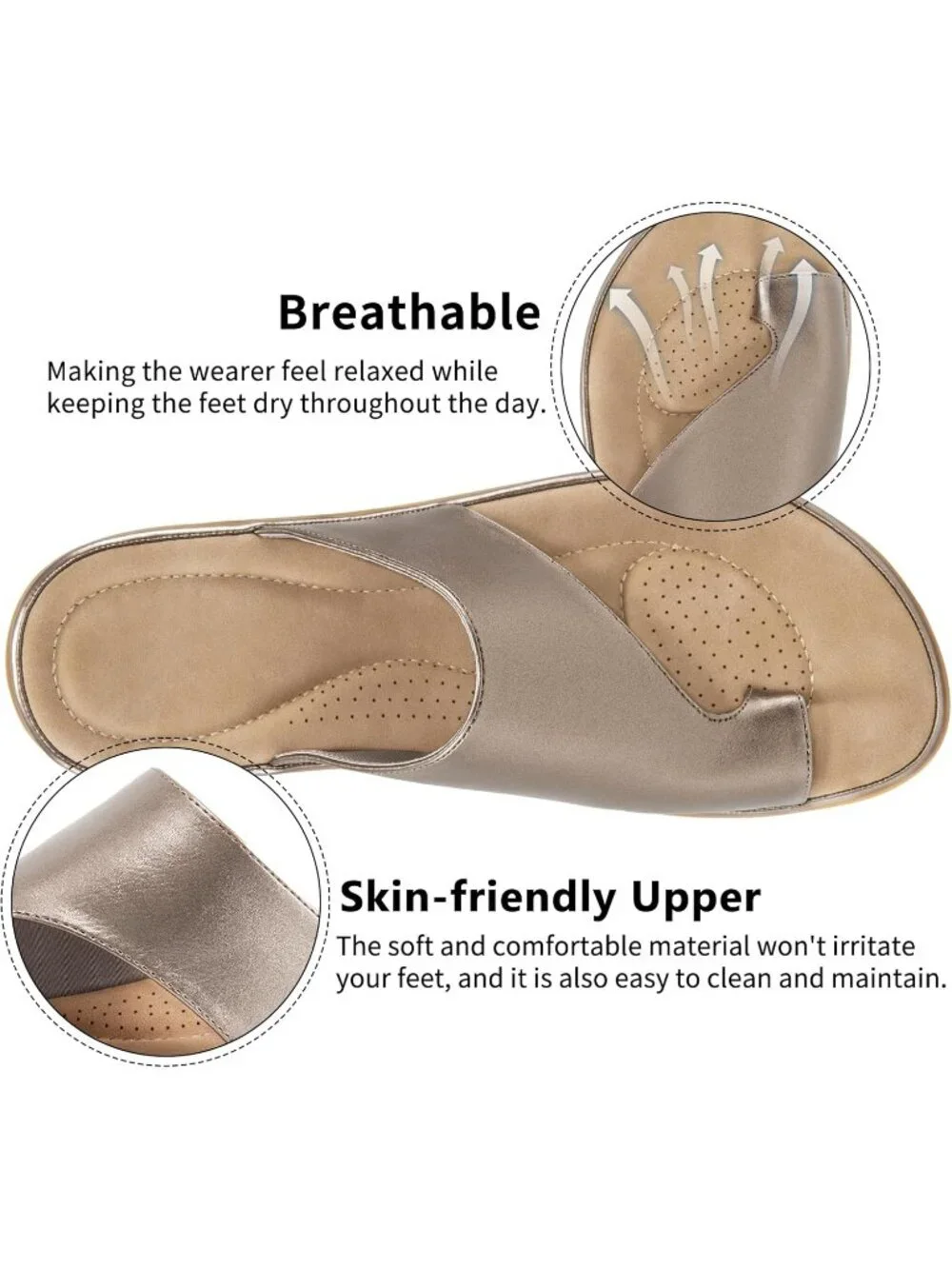 Women's Silver Flat Sandals Comfortable Walking Dressy Slides Casual Shoes